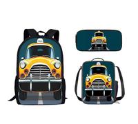 Nopersonality Zaino per bambini Set 3 pz Impermeabile Viaggio Escursionismo Zaino Casual Lunch Box Semplice Multifunzionale Matita Pouch, Macchina dei cartoni animati.