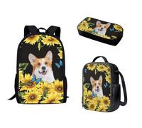 Nopersonality Zaino per la scuola per adolescenti, ragazze, ragazzi, borsa termica per il pranzo, borsa tote con doppia cerniera, multifunzionale, grande capacità, 3 pezzi, Girasole Corgi