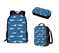 Nopersonality Zaino per la scuola per adolescenti, ragazze, ragazzi, borsa termica per il pranzo, borsa tote con doppia cerniera, multifunzionale, grande capacità, 3 pezzi, Squali