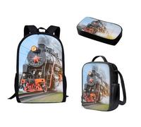Nopersonality Zaino per la scuola per adolescenti, ragazze, ragazzi, borsa termica per il pranzo, borsa tote con doppia cerniera, multifunzionale, grande capacità, 3 pezzi, Treno