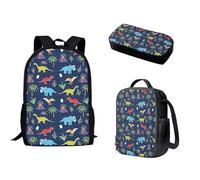 Nopersonality Zaino per la scuola per adolescenti, ragazze, ragazzi, borsa termica per il pranzo, borsa tote con doppia cerniera, multifunzionale, grande capacità, 3 pezzi, Dinosauro