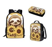 Nopersonality Zaino per la scuola per adolescenti, ragazze, ragazzi, borsa termica per il pranzo, borsa tote con doppia cerniera, multifunzionale, grande capacità, 3 pezzi, bradipo girasole