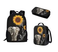 Nopersonality Zaino per la scuola per adolescenti, ragazze, ragazzi, borsa termica per il pranzo, borsa tote con doppia cerniera, multifunzionale, grande capacità, 3 pezzi, Elefante Giras