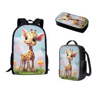 Nopersonality Zaino per la scuola per adolescenti, ragazze, ragazzi, borsa termica per il pranzo, borsa tote con doppia cerniera, multifunzionale, grande capacità, 3 pezzi, Graziosa giraffa.