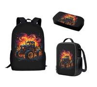 Nopersonality Zaino per la scuola per adolescenti, ragazze, ragazzi, borsa termica per il pranzo, borsa tote con doppia cerniera, multifunzionale, grande capacità, 3 pezzi, Camion dei pompieri.