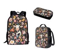 Nopersonality Zaino per la scuola per adolescenti, ragazze, ragazzi, borsa termica per il pranzo, borsa tote con doppia cerniera, multifunzionale, grande capacità, 3 pezzi, Mucca floreale