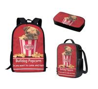 Nopersonality Zaino per la scuola per adolescenti, ragazze, ragazzi, borsa termica per il pranzo, borsa tote con doppia cerniera, multifunzionale, grande capacità, 3 pezzi, Bulldog Popcorn