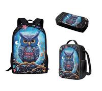 Nopersonality Zaino scolastico 3 in 1 classico zaino da viaggio di base borsa termica per il pranzo impermeabile astuccio da viaggio essenziale per adolescenti ragazze ragazzi, Gufo