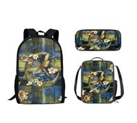 Nopersonality Zaino scolastico 3 in 1 classico zaino da viaggio di base borsa termica per il pranzo impermeabile astuccio da viaggio essenziale per adolescenti ragazze ragazzi, Luna Libellula