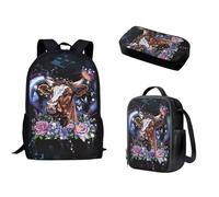 Nopersonality Zaino scolastico 3 in 1 classico zaino da viaggio di base borsa termica per il pranzo impermeabile astuccio da viaggio essenziale per adolescenti ragazze ragazzi, Mucca fiore