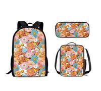 Nopersonality Zaino scolastico 3 in 1 classico zaino da viaggio di base borsa termica per il pranzo impermeabile astuccio da viaggio essenziale per adolescenti ragazze ragazzi, Fiore Hippie