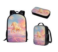 Nopersonality Zaino scolastico 3 pz impermeabile Lunch Box con porta bottiglia d'acqua astuccio per il rientro a scuola forniture, Cavallo