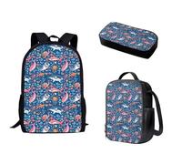 Nopersonality Zaino scolastico per adolescenti, ragazze e ragazzi, resistente, borsa per libri di scuola superiore, isolata, grande capacità, astuccio portatile, 3 pezzi, Carino Squali
