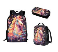 Nopersonality Zaino scolastico per adolescenti, ragazze e ragazzi, resistente, borsa per libri di scuola superiore, isolata, grande capacità, astuccio portatile, 3 pezzi, Cavallo colorato.