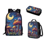 Nopersonality Zaino scolastico per adolescenti, ragazze e ragazzi, resistente, borsa per libri di scuola superiore, isolata, grande capacità, astuccio portatile, 3 pezzi, Notte dei funghi