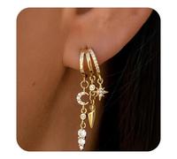 NOPVUFA Orecchini a Ciondolo con Zirconi per Donne, 14K Oro Placcato Stelle e Lune Nappe, Ipoallergenici Impermeabili Piccoli Trendy, Pendentif Gioielli Regalo Cerchio per Damen