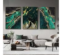 Nordic Abstract Green Marble Texture Wall Art Canvas Painting Golden Laminate Poster Prints Picture for Living Room Decor (45x60cm(19x24in) x3/With frame)