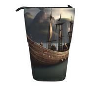 Nordic Pirate Ship Stampa Telescopica Pencil Bag Portapenne Caso Cancelleria, Stand Up retrattile Transformer Bag