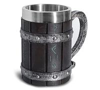 Nordic Viking Rune - Boccale da birra, in legno di quercia, misura grande, con acciaio inox, legno e resina, 3D, per uomini, regalo per la festa del papà, 550 ml