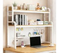 Nordivo Scaffale Organizzatore da Scrivania a 3 Livelli, Libreria da Tavolo con Pannello Forato, Struttura in Metallo per Ufficio, Supporto da Appoggio per Scrivania(White/Light Brown,L95CM/38in)