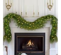 Norfolk Pine Garlands with Light, Christmas Garland With Lights, Real Touch Green Faux Greenery Garland for Christmas Table, Stairs Fireplace Wall Outdoor Indoor Porch Decorations (With Light,2.7 M)