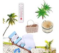 Norhogo 8 pezzi Casa delle bambole Mini Estate Spiaggia Lettino in legno, Mini Set di sedie da spiaggia in miniatura con micro scena, statua estiva, set di sedie da spiaggia per oggetti di scena