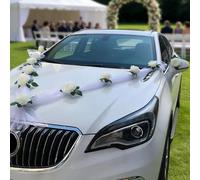 Norhogo Decorazione per auto, matrimonio, matrimonio, decorazione per auto, banchetto, in organza, 2 x 1,6 m di lunghezza, con 9 rose + 2 rose di alta qualità, colore bianco