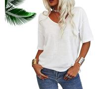 Normaltly Womens Shirt, Normalty Tops, Solid Color V-Neck T-Shirt, Summer Short Sleeve Loose Casual Tops (White,M)