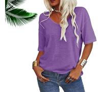 Normaltly Womens Shirt, Normalty Tops, Solid Color V-Neck T-Shirt, Summer Short Sleeve Loose Casual Tops (Purple,M)