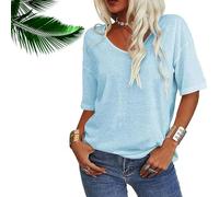 Normaltly Womens Shirt, Normalty Tops, Solid Color V-Neck T-Shirt, Summer Short Sleeve Loose Casual Tops (Ski Blue,L)