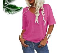 Normaltly Womens Shirt, Normalty Tops, Solid Color V-Neck T-Shirt, Summer Short Sleeve Loose Casual Tops (Rose Red,S)