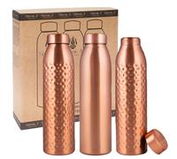 NORMAN JR Bottiglia d'acqua in rame da 1 litro - Confezione regalo da 3, 1 liscia, 2 martellate, un recipiente ayurvedico in rame puro - ti aiuta a bere più acqua con molti benefici per la salute