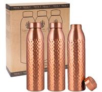 NORMAN JR Bottiglia d'acqua in rame da 1L - Confezione regalo da 3, martellata, un recipiente ayurvedico in rame puro - ti aiuta a bere più acqua, con molti benefici per la salute