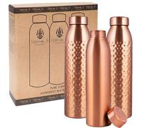 NORMAN JR Bottiglia d'acqua in rame da 1L - Confezione regalo da 3, semplice 1, martellata 2, un recipiente ayurvedico in rame puro - ti aiuta a bere più acqua con molti benefici per la salute