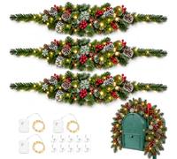 Norme Confezione da 3 ghirlande natalizie pre-illuminate per esterni, con luci e timer, decorazioni natalizie con bacche rosse, per caminetto di Natale, decorazione per interni ed esterni