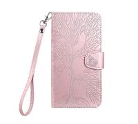 Norn - Custodia a portafoglio per Samsung Galaxy A20E, motivo albero della vita, in pelle PU, con funzione di supporto, chiusura magnetica, con scomparti per carte di credito, 1 cinturino da polso, colore: Rosa