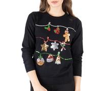 NOROZE - Maglione da Donna, Motivo Natalizio con Scritta Hohoho e Cane Carlino, con Lustrini Jingle Bells Maglia (44, Nero)