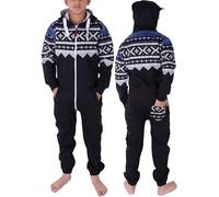 NOROZE Tuta intera unisex per bambini con scheletro azteco, in pile, con cerniera, con cappuccio, taglia 5-13 anni, Nero azteco., 11-12 Years