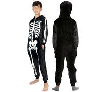 NOROZE Tuta intera unisex per bambini con scheletro di squalo e scheletro per ragazze, in pile con cerniera, con cappuccio, pigiama, tuta da notte, Scheletro nero., 7-8 Anni