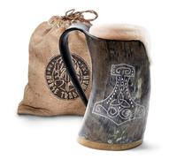 Norse Tradesman Autentica tazza con corno di vichingo - Tazza da birra vichinga premium da 500 ml con fondo rinforzato e incisione del martello di Thor | Il Mjolnir, non lucidato, grande