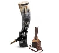 Norse Tradesman Corno da bere vichingo in corno di bue autentico da 50 cm con supporto per corno e ornamenti di lupo in ottone | Sacco regalo di juta incluso | "The Fenrir", Lucido, 50 cm