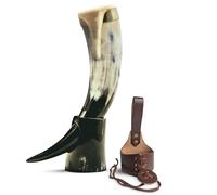 Norse Tradesman Corno da bere vichingo in corno di bue autentico da 50 cm con supporto per corno e ornamenti di lupo in ottone | Sacco regalo di juta incluso | Horn Stand -Brass Rim, Polished, 50 cm