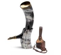 Norse Tradesman Corno da bere vichingo in corno di bue autentico da 50 cm con supporto per corno e ornamenti di lupo in ottone | Sacco regalo di juta incluso | Horn Stand - Adorned, Polished, 30 cm