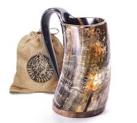 Norse Tradesman Premium Viking Drinking Horn Mug Bundle - Includes Adjustable Viking Bracelet - 500 ml Viking Beer Tankard with Super-Reinforced Hardwood Bottom | The Original, Unpolished, Large