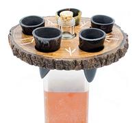 Norse Tradesman Set di Bicchieri da Shot con Corno per Bere (5) con Espositore in Legno Rustico (Live Edge) | Inciso con Rune Norrene | Confezionato in un Sacco Regalo di Juta