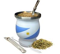 Norte Yerba Mate - Set di tazze isolate in acciaio inox blu e bianco da 226,8 g con 2 bombillas e spazzola per la pulizia, kit tradizionale Yerba Mate per bevitori di tè, viaggi e uso quotidiano