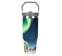 Northern Lights Polar Bear - Bicchiere da viaggio con cannuccia, in acciaio inox isolato, con manico, design a doppia parete, coperchio a prova di perdite, mantiene le bevande calde/fredde per ore