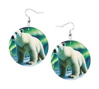 Northern Lights Polar Bear - Orecchini rotondi in pelle PVC stampata su entrambi i lati, con ganci placcati in argento 925, taglia unica, argento Sterling, pietra dorata, taglia unica, argento