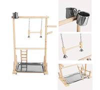 Nosqew Supporto per uccelli in legno a doppio strato, parco giochi con scala, altalena, campana, giocattolo atletico, posatoio per parchette, calopsitte, piccoli uccelli, legno naturale (come mostrato