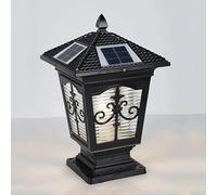 Nostalgia Solar Post Lamp with Glass Shade, 3-Color IP55 | Aluminum Lantern with Remote Control, Auto-On at Night for Porch Yard Fence(Black,Large)